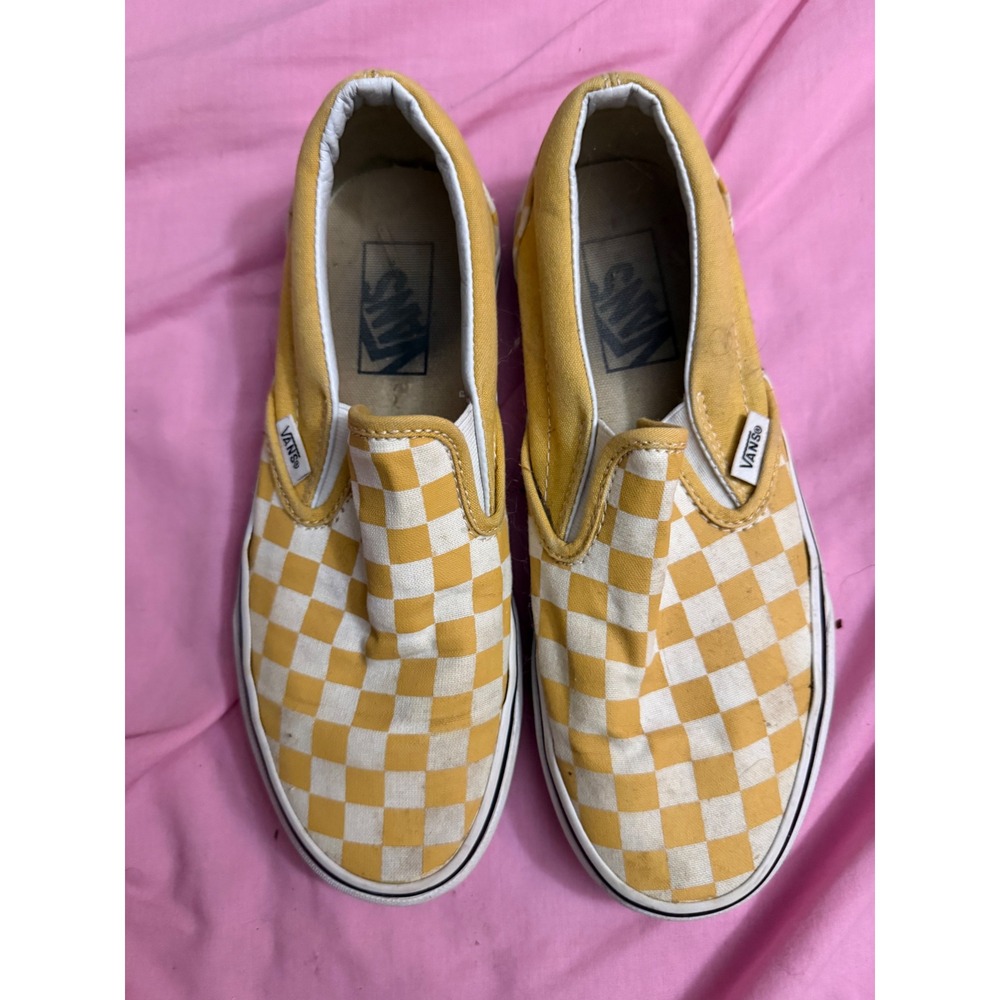 Vans Classic Slip-On Checkerboard Ochre Yellow White Sneakers Womens 7.5 Mens 6